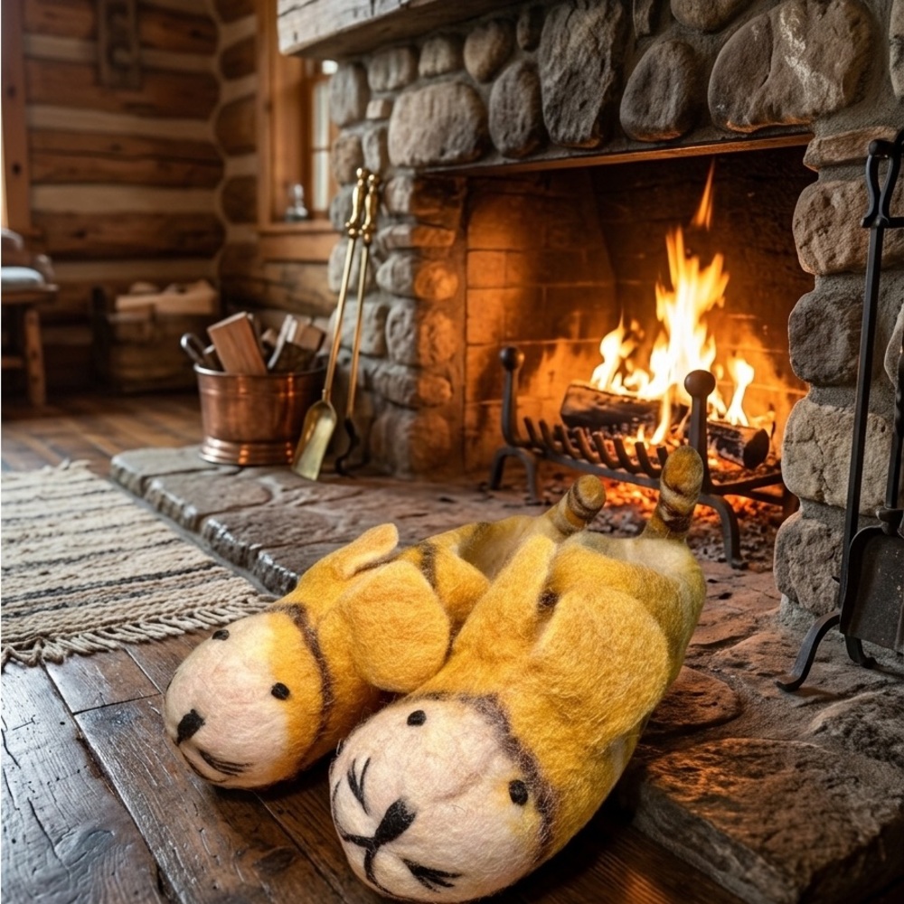 Striped Animal Character Felt Slippers - Kids Size 7” Sole